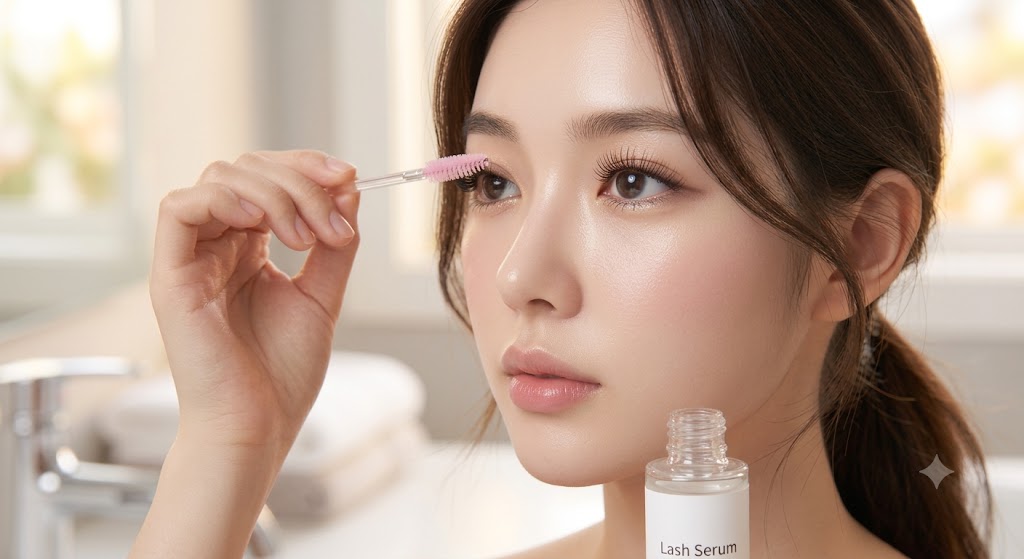 핑크색 브러시로 속눈썹 겨을 가지런히 정리하는 모습